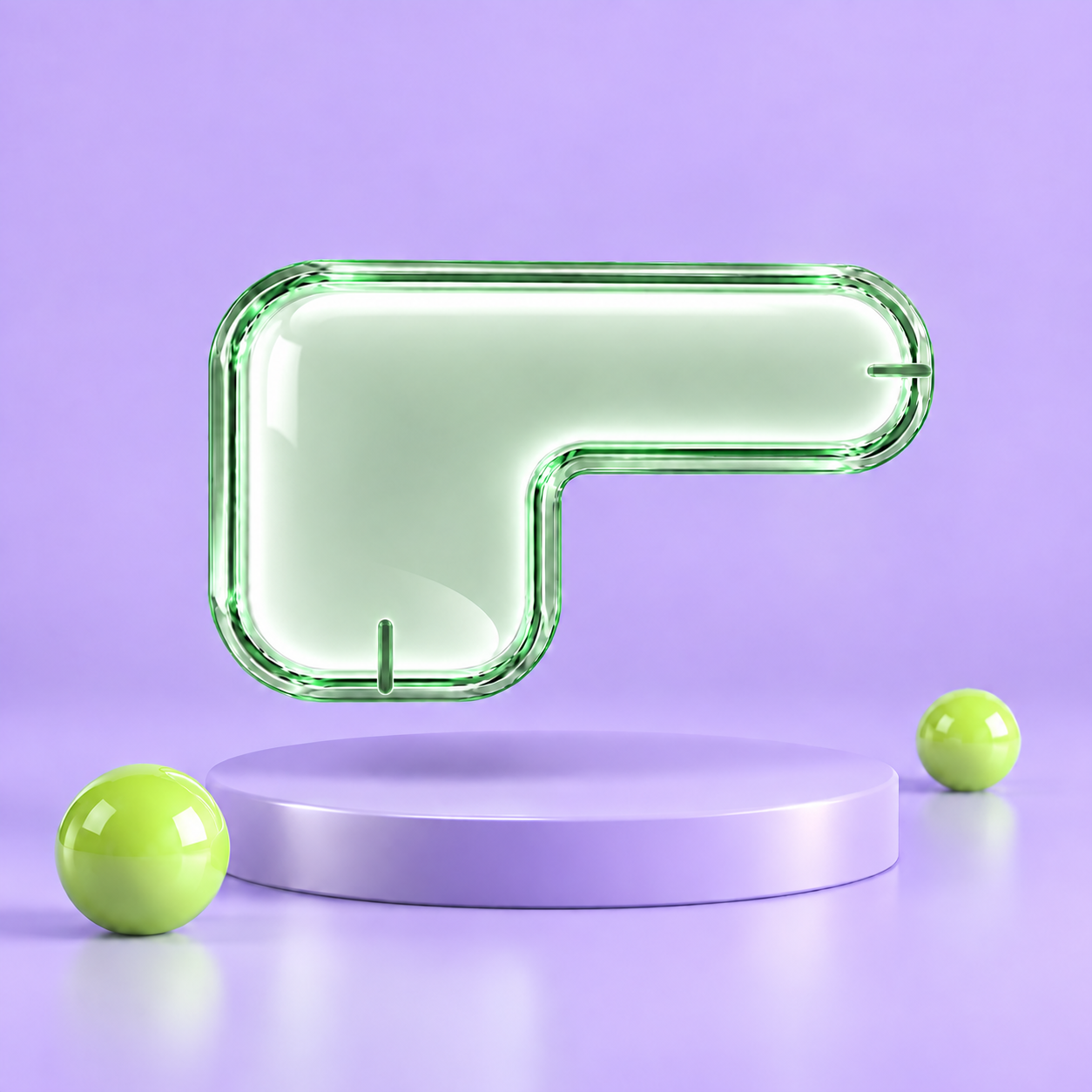 Poner’s mint glass logo floating above a lavender pedestal with lime green spheres